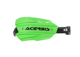 Acerbis Endurance-X handguard in green and black for motorcycle protection, mounted on a bike handlebar.