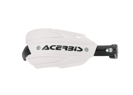 Acerbis Endurance-X handguard in white and black on a motorcycle handlebar, designed for durability and rider protection.
