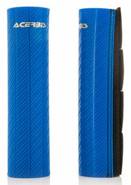 Acerbis blue fork guard for motorcycle suspension, featuring a sleek protective design with brand logo detail.