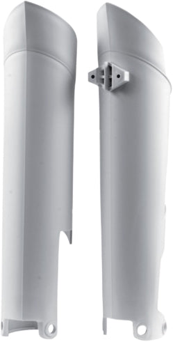 Acerbis white fork guard for motorcycle suspension, with black accents and mounting brackets, showcasing durable plastic construction.