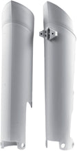 Load image into Gallery viewer, Acerbis white fork guard for motorcycle suspension, with black accents and mounting brackets, showcasing durable plastic construction.
