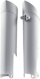 Acerbis white fork guard for motorcycle suspension, with black accents and mounting brackets, showcasing durable plastic construction.