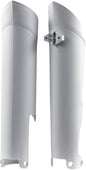 Acerbis white fork guard for motorcycle suspension, with black accents and mounting brackets, showcasing durable plastic construction.
