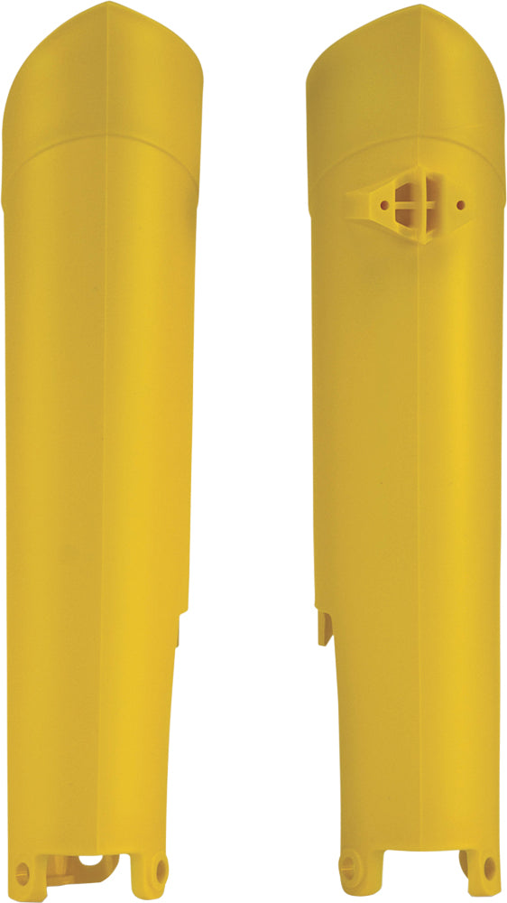 Yellow Acerbis fork guard for motorcycle suspension, designed to protect fork tubes and enhance bike durability.