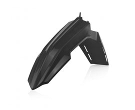 Black Acerbis front fender for motorcycle, showcasing its durable plastic construction and sleek design.