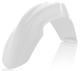 Acerbis white front fender for motorcycle, showcasing its sleek design and durable plastic construction.