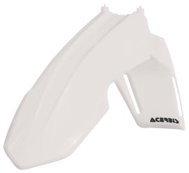Acerbis white front fender for motorcycles, showing a close-up of the sleek, durable plastic design with mounting points.