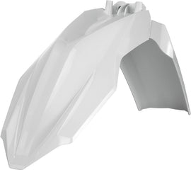 White Acerbis front fender for motorcycle, showcasing the sleek design and mounting points on a plain background.