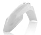Acerbis white front fender for motorcycle, showing its sleek design and mounting points on a clean background.