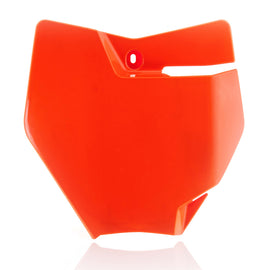 Orange Acerbis front number plate for motorcycles, featuring a sleek design and mounting holes for easy installation.
