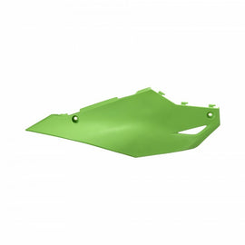Green POLISPORT side body plate Kx450 motorcycle part with textured surface and mounting points visible.