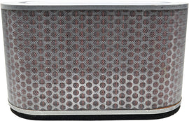 EMGO air filter for motorcycles showing a rectangular black filter element with a metal frame and sealing rubber edges.