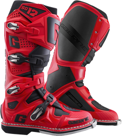 Gaerne SG12 motorcycle riding boots in red and black with reinforced ankle protection and sturdy design.