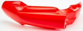 Red front fender for Honda dirt bikes by Polisport, lightweight plastic body part with mounting points and aerodynamic design.