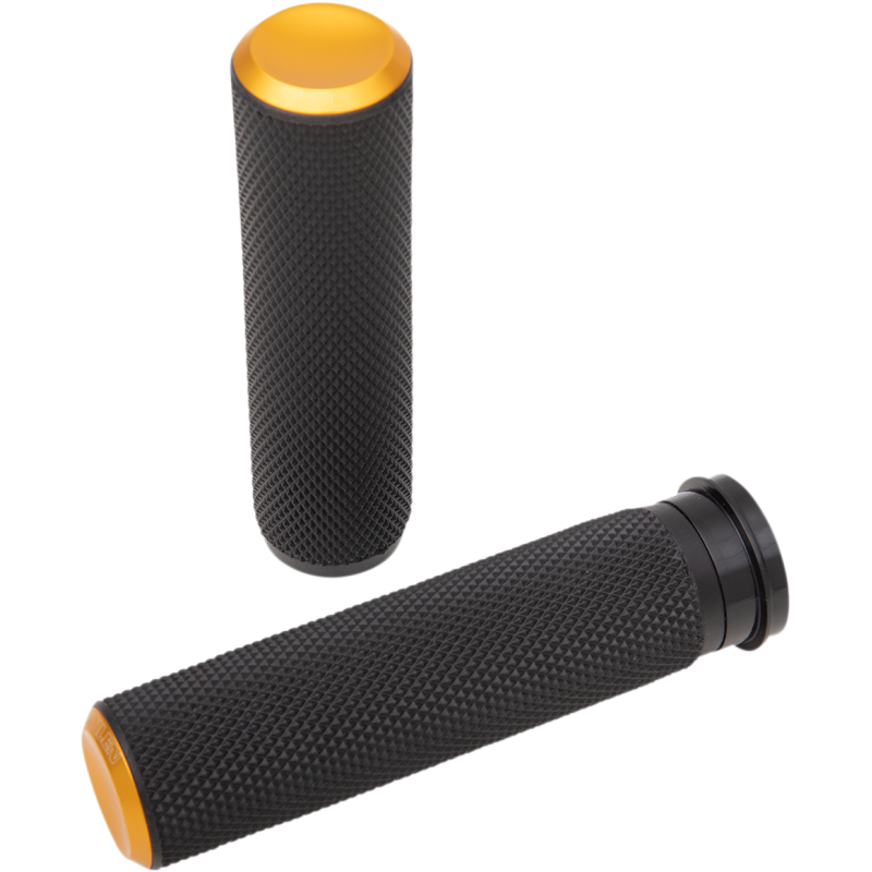Arlen Ness knurled rubber hand control grips for Harley Davidson models, featuring red textured rubber for enhanced grip.
