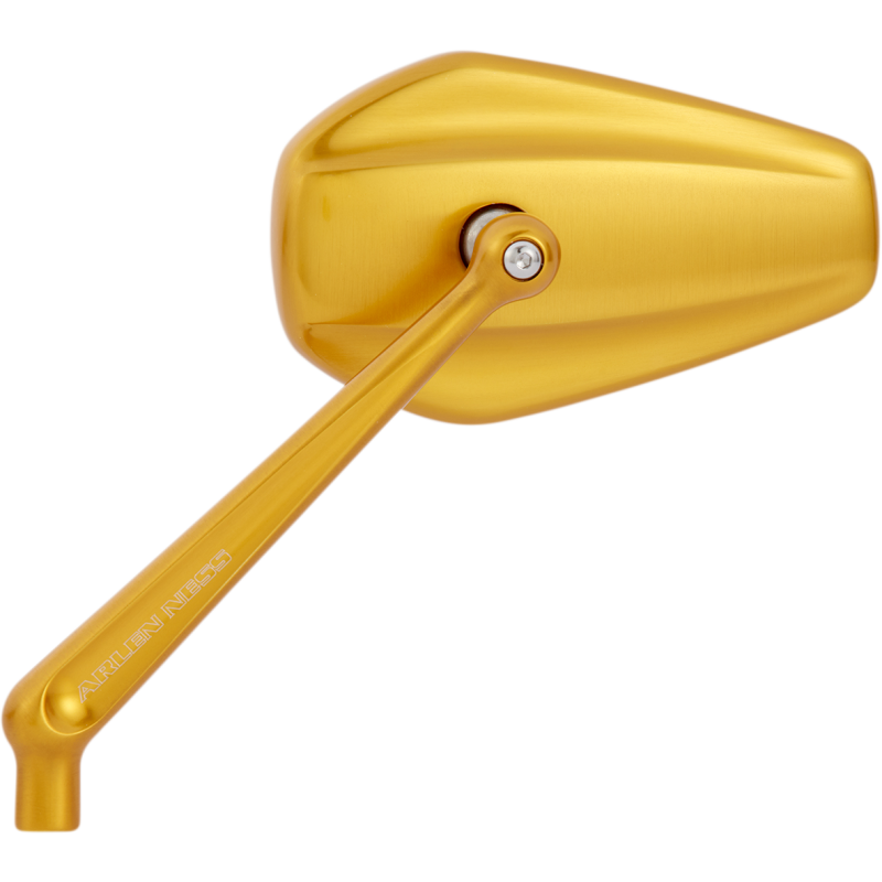 Arlen Ness Billet Mini Stocker Mirrors set of two, gold finish, hand controls motorcycle mirrors with compact design.