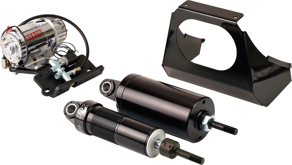 Arnott Fox Series black air shocks for Softail motorcycles, model 01-17, suspension suspension component with brand logo