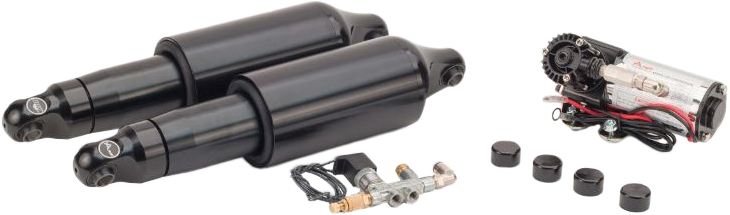 Arnott Fox Series Black V-Rod air shocks for motorcycle suspension with visible shock components and branding.