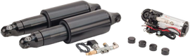 Arnott Fox Series Black V-Rod air shocks for motorcycle suspension with visible shock components and branding.