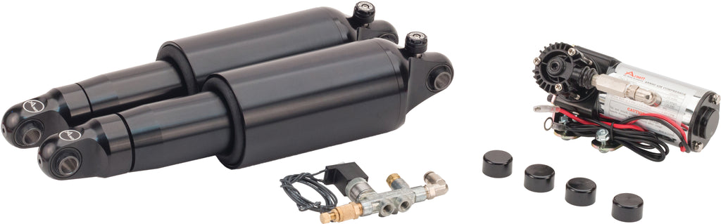 Arnott Fox Series black V-Rod air suspension shocks with rebound adjustment, designed for Harley V-Rod motorcycles.