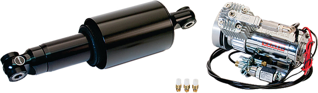 Arnott Air Shocks Ultimate Ride Black for M8 Softail motorcycle suspension, showing the shock absorber with mounting hardware.