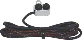 Arnott handlebar-mounted chrome push-button switch control for suspension systems on motorcycle or bike.