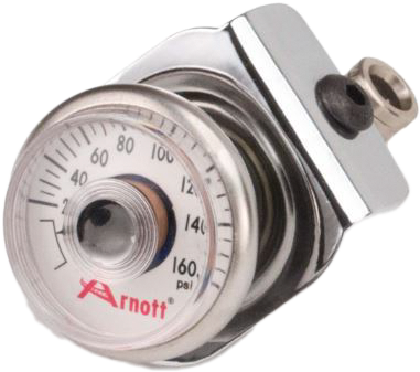 Chrome Arnott suspension pressure gauge with bracket, designed for accurate pressure monitoring in vehicle suspension systems.