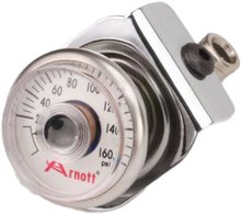 Load image into Gallery viewer, Chrome Arnott suspension pressure gauge with bracket, designed for accurate pressure monitoring in vehicle suspension systems.