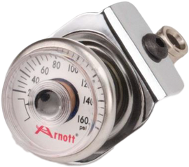 Chrome Arnott suspension pressure gauge with bracket, designed for accurate pressure monitoring in vehicle suspension systems.
