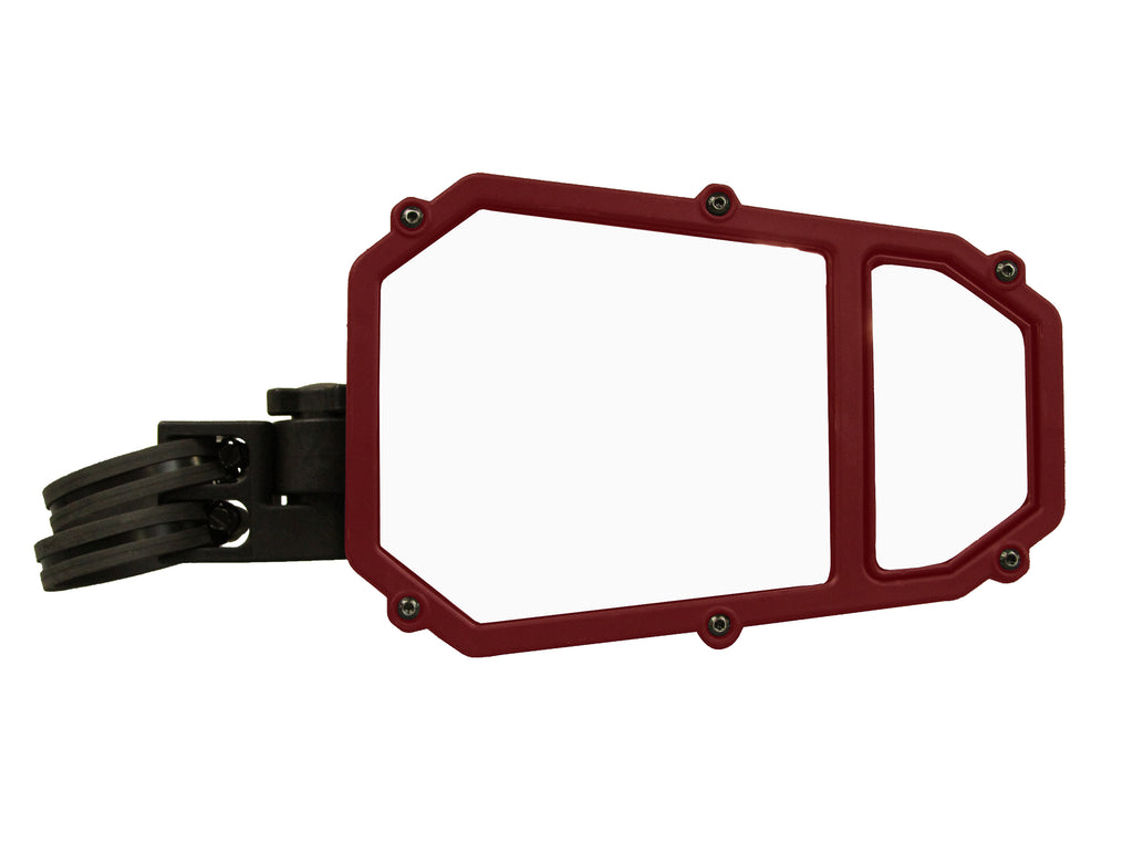 ATV-TEK Elite Series 2 red side mirror with replacement frame for ATV, showing the mirror and mounting frame in a natural outdoor setting.