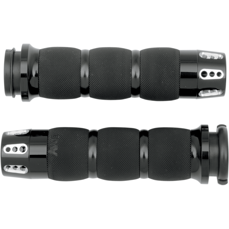 Black Avon Air Cushion grips for Harley Davidson motorcycle hand controls with dual cables and three-ring design.