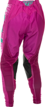 Load image into Gallery viewer, Fly Racing Women's Lite Pants in pink and turquoise, size 0/02, with lightweight, sporty design and stretch fabric for riding comfort.