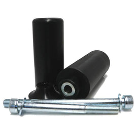 Black SHOGUN Frame Sliders for motorcycle body protection, shown mounted on a bike in this image.