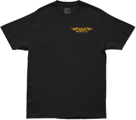 Black Goldwings Tee shirt by DBK featuring a graphic design with gold wing artwork on the front.