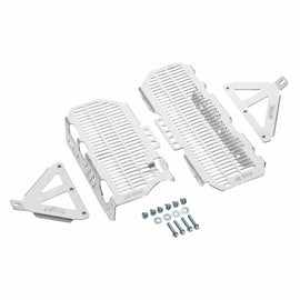 Aluminum radiator guard by DEVOL with protective braces, designed to shield vehicle radiators from debris and damage.