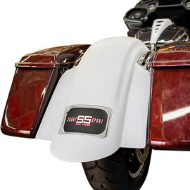 BAGGERNATION Swoop Short Sport Rear Fender with chrome plate frame for motorcycle, showcasing sleek body design and shiny chrome details.