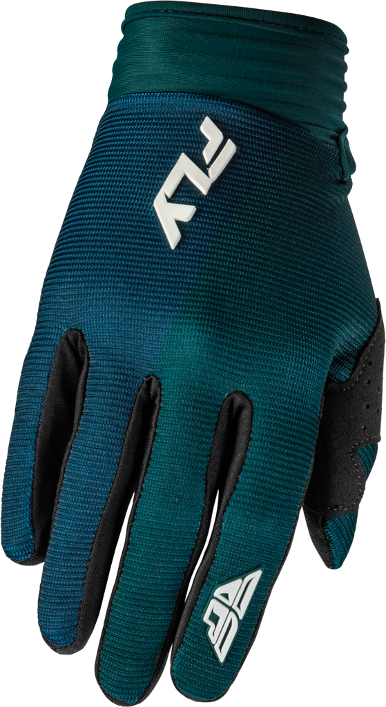 Fly Racing F 16 gloves in teal and white, showing close-up of lightweight, padded motocross gloves with textured grip surfaces.