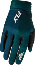 Load image into Gallery viewer, Fly Racing F 16 gloves in teal and white, XL size, showing the lightweight, breathable design with reinforced palms and stylish branding.