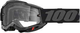 Black Accuri 2 Enduro moto goggle by 100 Percent with clear lens, designed for off-road motorcycle riding and eye protection.