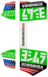 YOSHIMURA Rs12 muffler decals in green, motorcycle graphics decals with bold green design on a black background.