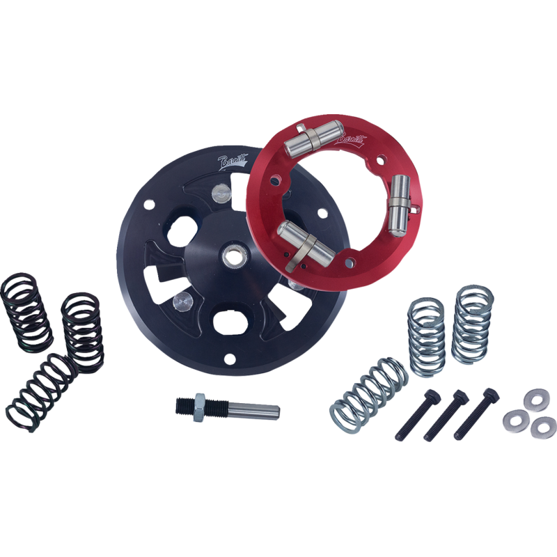 Barnett Scorpion low profile lock-up pressure plate kit for Harley transmission models, with transmission cable and components visible.