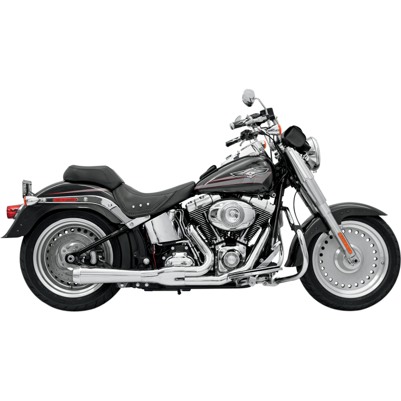 Chrome Bassani Road Rage 2:1 Exhaust for Harley Davidson Softails 2000-2017, showcasing the sleek, long exhaust pipe design.