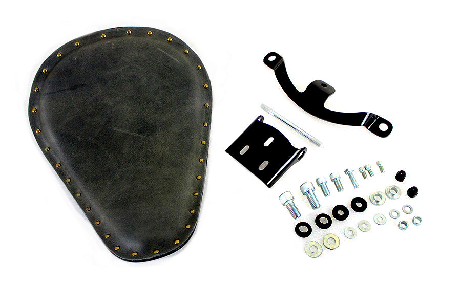 Bates Solid Mount Bobber Solo Seat Kit for motorcycle with black leather saddlebag and sleek seat design.