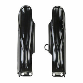 Black POLISPORT Fork Guards for Yamaha, durable braces designed to protect motorcycle forks during rides.