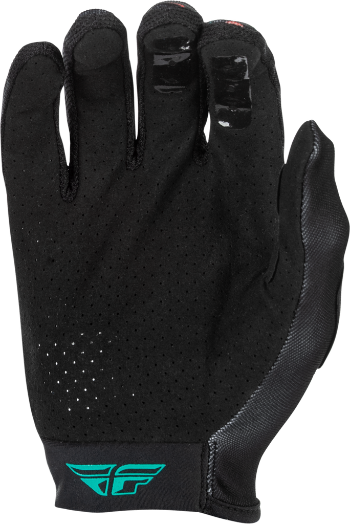 Fly Racing Lite Americana gloves in black, red, and gold with padded palms and breathable fabric, designed for motorcycling comfort.
