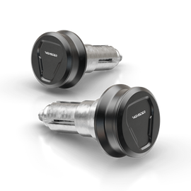 Pair of black Esagano XS bar ends for motorcycle handlebars by HIGHSIDER, shown installed on a bike's handlebar.
