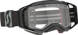 SCOTT Prospect snowcross goggles in black and grey with clear lens, featuring adjustable strap and foam padding for winter sports.