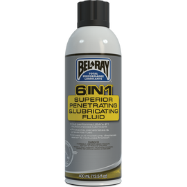 Bel-Ray 6-in-1 multi-purpose lubricant bottle, 400ml, with label showing product details and branding, on a plain background.