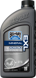Bel-Ray Exl Mineral Oil 10W40 4T motorcycle engine oil 1-liter bottle, part of a 12-pack case, ideal for 4-stroke engines.
