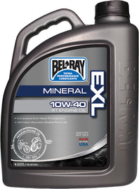 Bel-Ray Exl Mineral Oil 10W40 4L container for 4-stroke engines, displayed in a case of four bottles.
